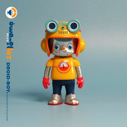 Toy robot figurine wearing a helmet, close-up of gauge and button, exclusive Strangecat Toys Droid boy - Owangeboy by Kong Andri.