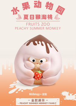 Fruits Zoo Peach Summer Monkey Blind Box Series: Toy animal with a strawberry and a hand holding a strawberry.