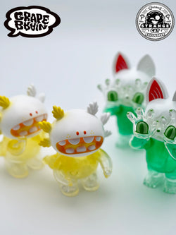 A group of Japanese soft vinyl toys, including ONIGIRI Melon Soda & MACARONI Lemon Cream Soda by Grape Brain - Strangecat Exclusive, with limited edition Ice Chase.