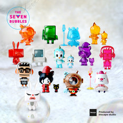 A group of small plastic toys, including toy figurines of cartoon characters and glass objects with handles, part of The Seven Bubble Blind Box Series.