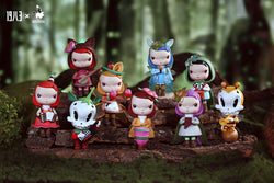 Cherry Moon Garden Blind Box Series figurines on log with pink and green pot by Kathie Olivas x 1983 Toys.