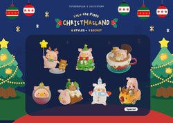 LuLu The Piggy Christmasland blind box toys featuring a pig in a car, snowman figurine, and more.