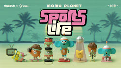 Momo Planet Sports Life cartoon toys, including characters on a stack of objects, big-eared character, yellow cat face, sign, mat, bicycle, skateboard, and TV.