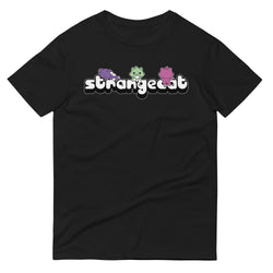 A black t-shirt with cartoon cats and a purple hat, featuring the Strangecat Logo Unisex Shirt design.