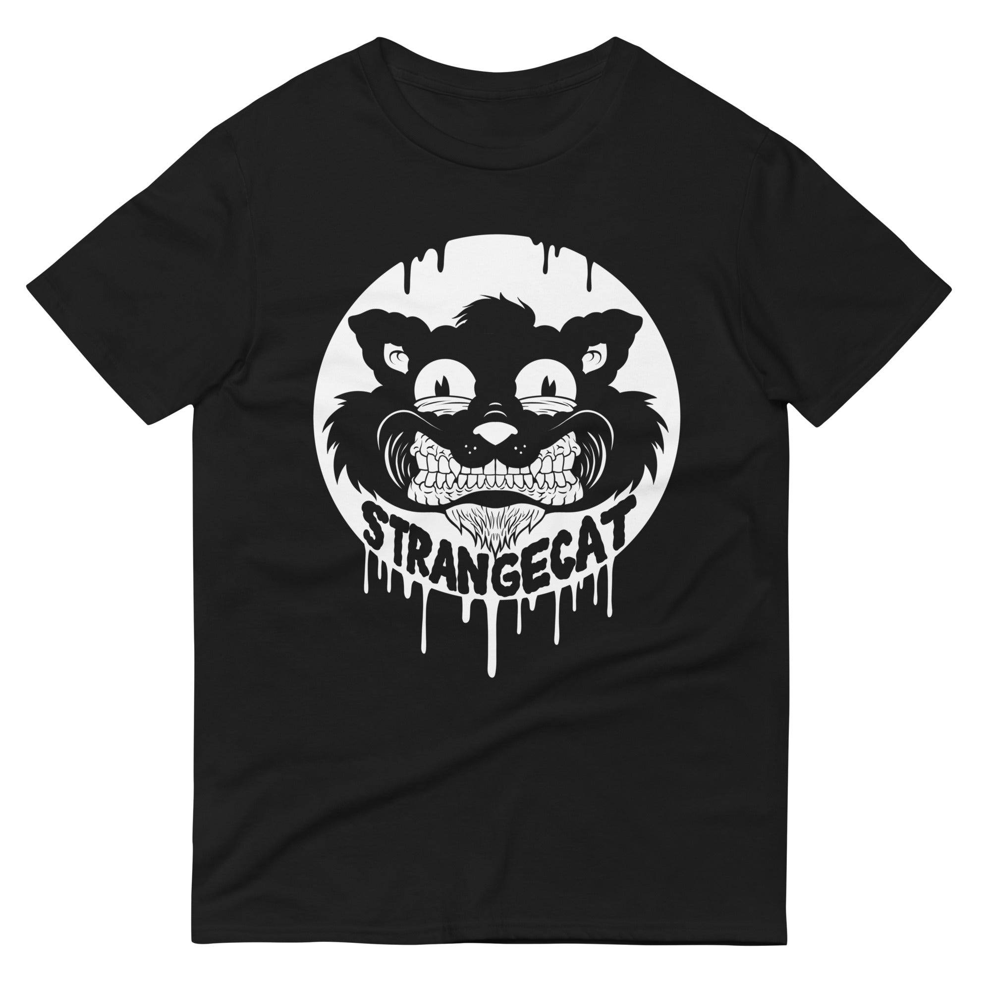 Alex Pardee - Unisex Shirt: A black shirt featuring a cat face logo and cartoon cat design, made of soft, thick cotton with double-stitched details.