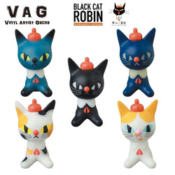 A group of cat figurines, including VAG 31 - Black Cat Robin by Kuroneko, soft vinyl toys, in various playful poses.